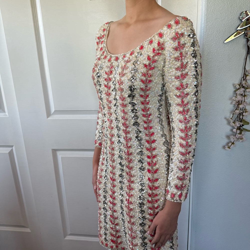 VINTAGE 50s 60s | Edith Morré | Palm Desert amazing ivory pink sequin dress M L - Picture 5 of 14